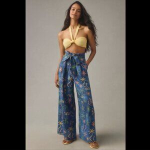 Brand New Corey Lynn Calter Linen Tropical Printed Wide-Leg Pants